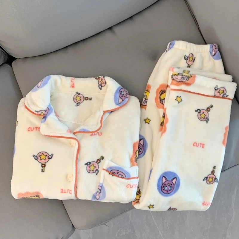 セーラームーンパジャマセットアニメ冬パッド入り厚く暖かい長袖パジャマ漫画暖かいコーラルベルベットラウンジウェアパジャマ