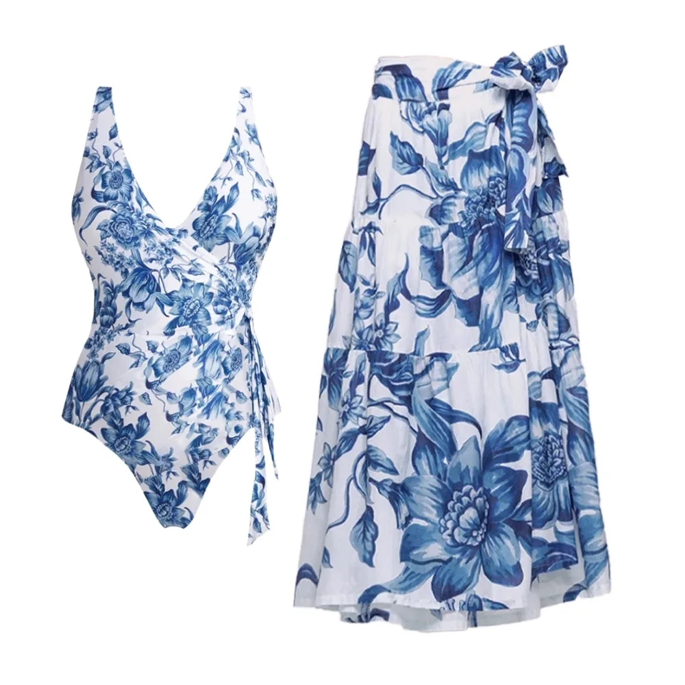 

New Blue Floral Split Bikini Set for Women Sweet Seaside Vacation Beachwear Ladies Swimsuit Set Stylish Swimwear
