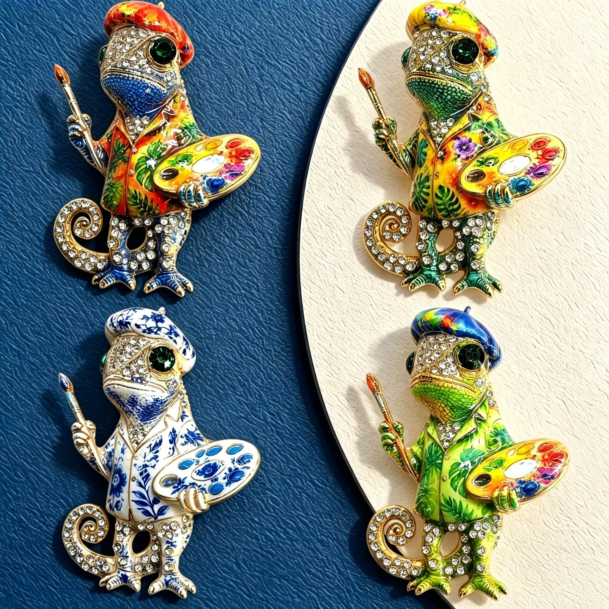 Essh&Pule Enamel Chameleon Painter Brooch Rhinestone Multicolor Beret Palette Brush Lapel Pin Suit Scarf Women Art Jewelry Gift