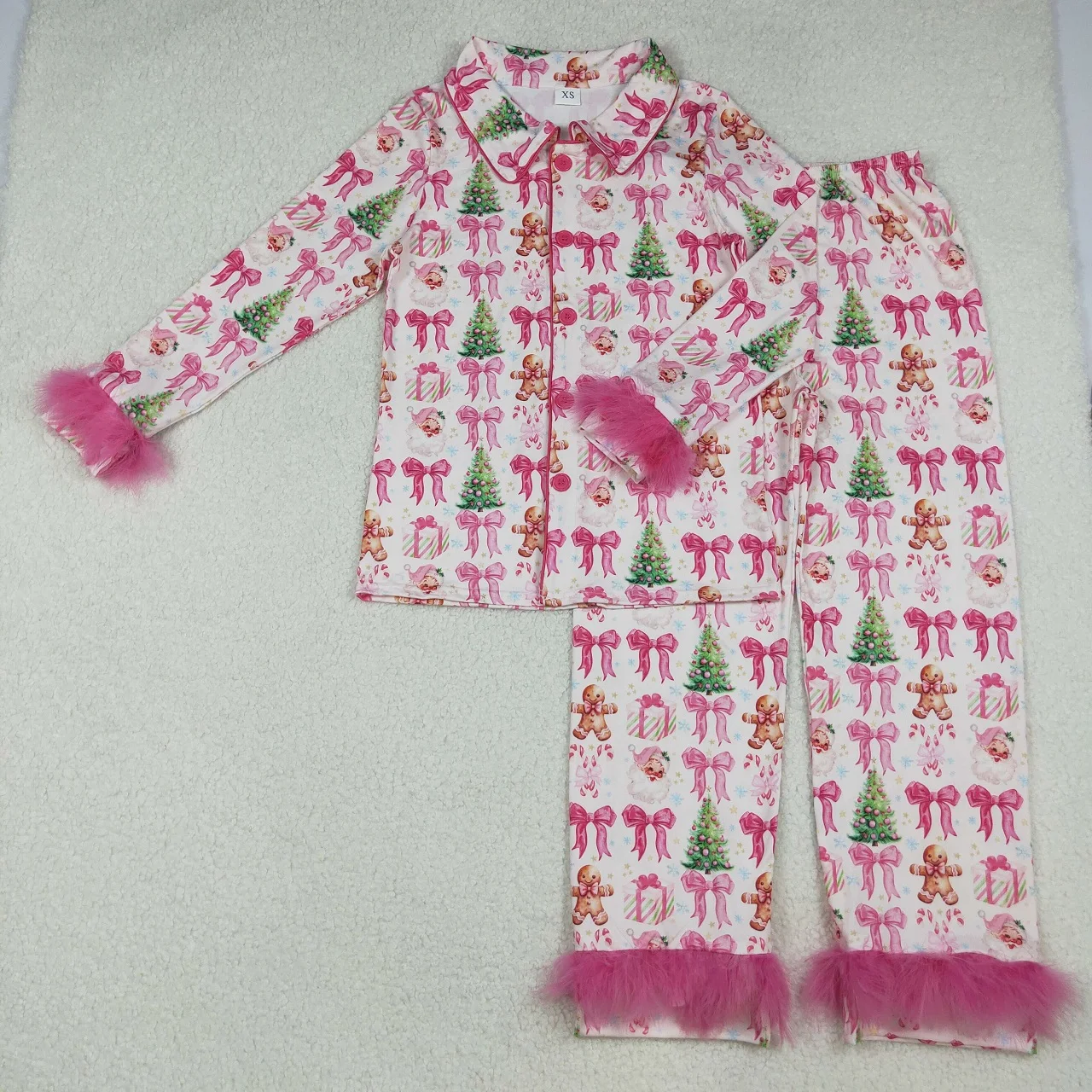 

Wholesale Adult Woman Sleepwear Fur Long Sleeves Gingerbread Santa Bows Shirt Set Pants Christmas Outfit Women Pajamas Clothing