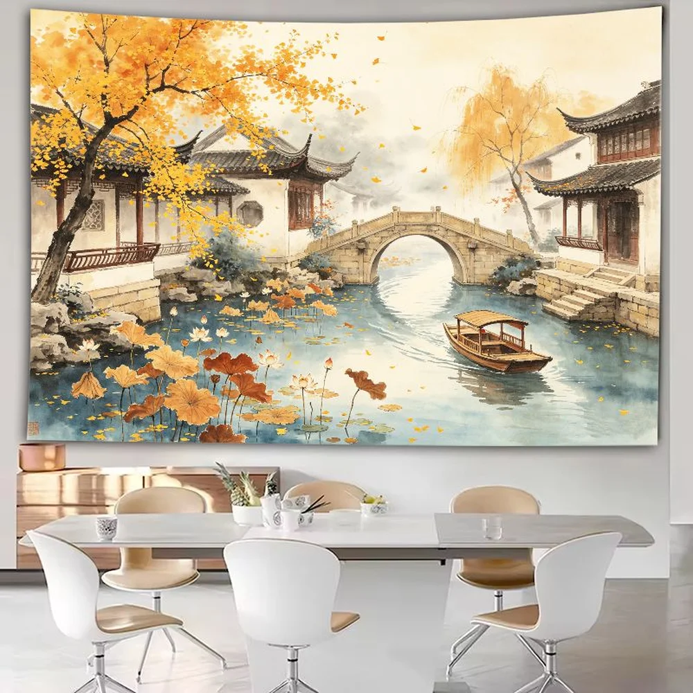 VIKAMA Fantasy Landscape Tapestry, Mountain Temple Red Peaks Golden Sky Asian Decor