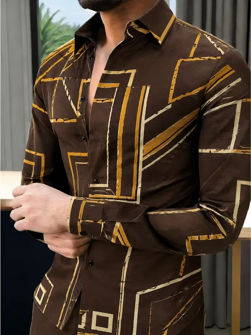 New Men's Brown Bottom Gold Geometric Line Printed Long Sleeve Shirt Retro Collar Button Open Men's Shirt
