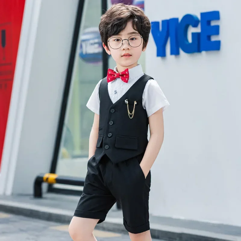 

Kids Summer Vest Shirt Shorts Badge Suit Boys Waistcoat Wedding Photography Dress Child School Uniforms Toddler Tuxedo Costume