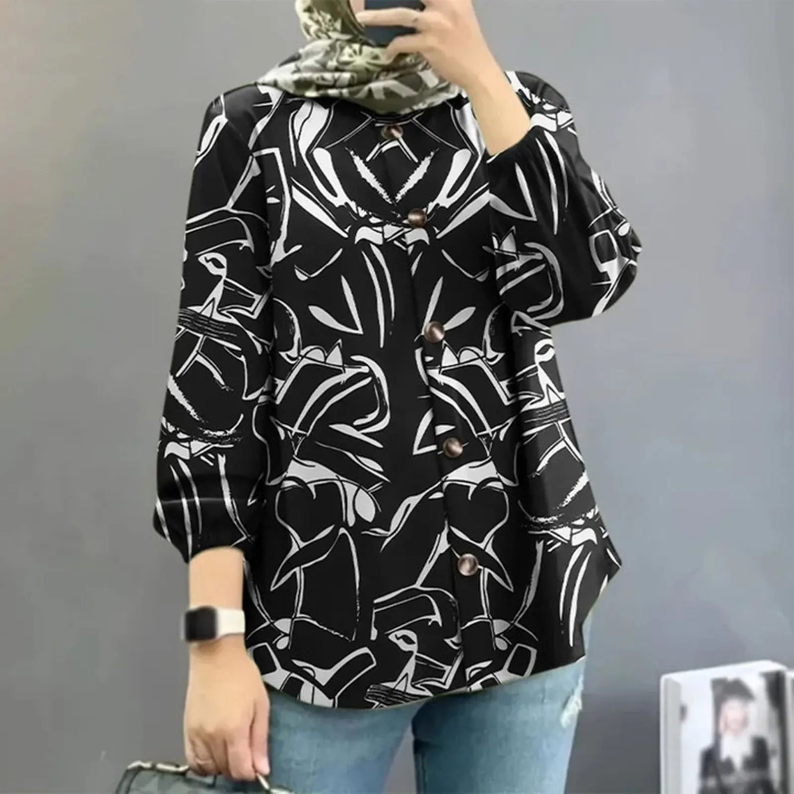 Muçulmano imprimiu camisa solta para mulheres, manga de três quartos, camisas casuais, tops, gola V, botão para baixo, blusas irregulares, moda