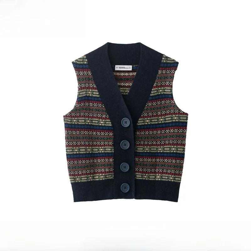 Fashionable Autumn Winter New Arrival Women's Knitted Embroidered Slimming Vest Versatile Commute Style V-Neck Polyester