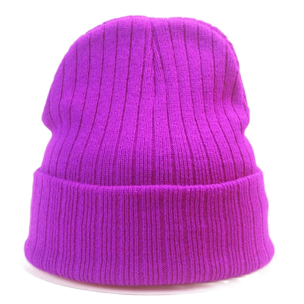 Snug Fit Ladies Knit Hats Winter Beanies Plain Neon Yellow Men\'s Skullies Stretch Soft Acrylic Pink Lt.purple