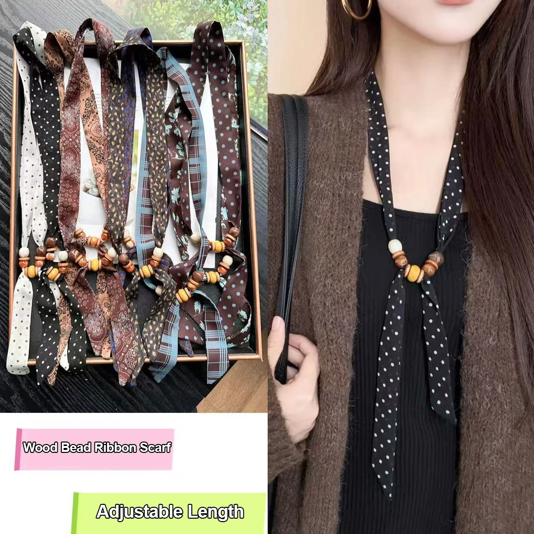 Collar de cuentas de madera para mujer, cinta ajustable, pañuelo fino, corbata de seda estampada, pañuelo decorativo delgado, gargantilla estilo coreano