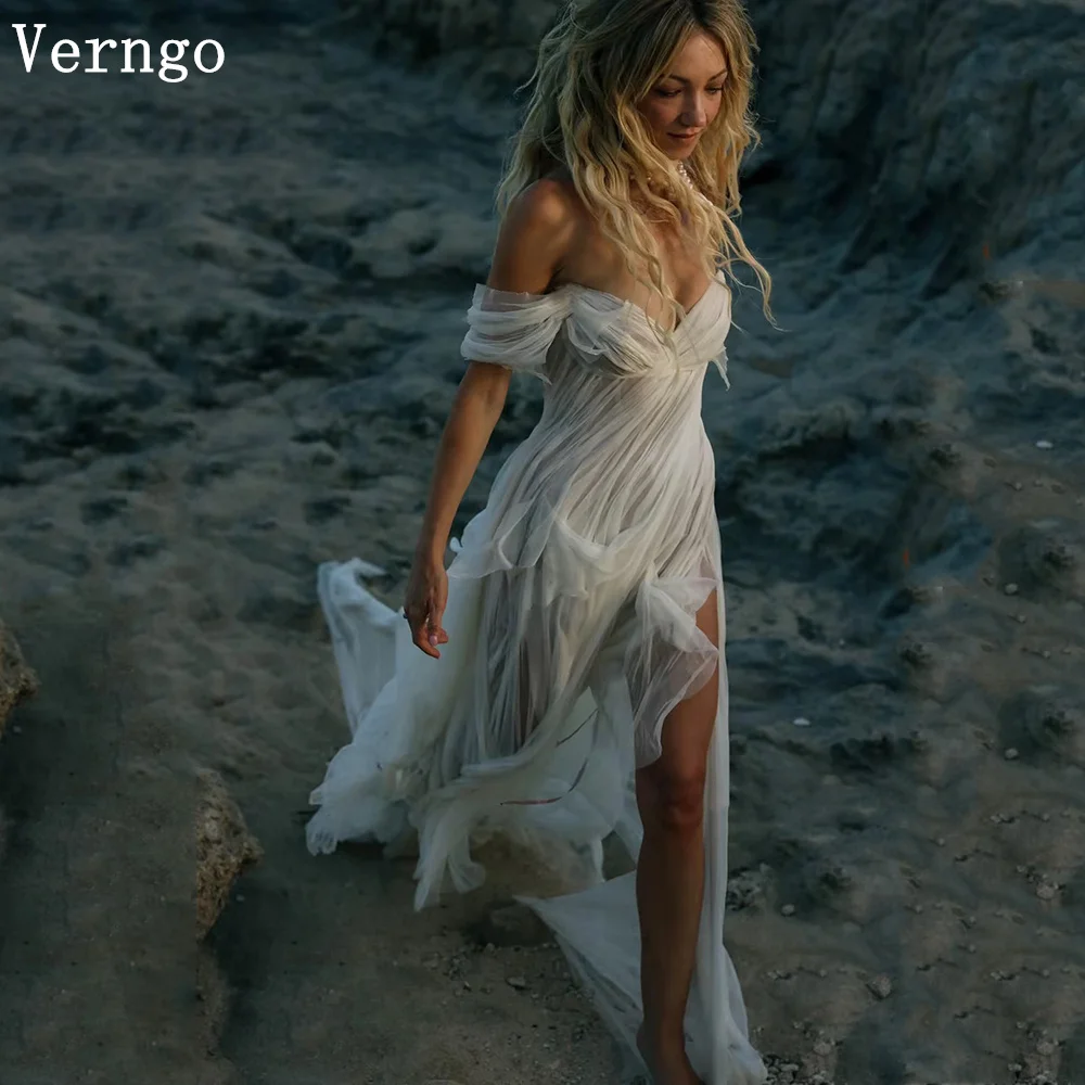 Verngo Sexy Tulle Boho Wedding Dress Off The Shoulder A Line Side Slit Beach Bride Dresses Sexy Photo Bridal Dress Customized