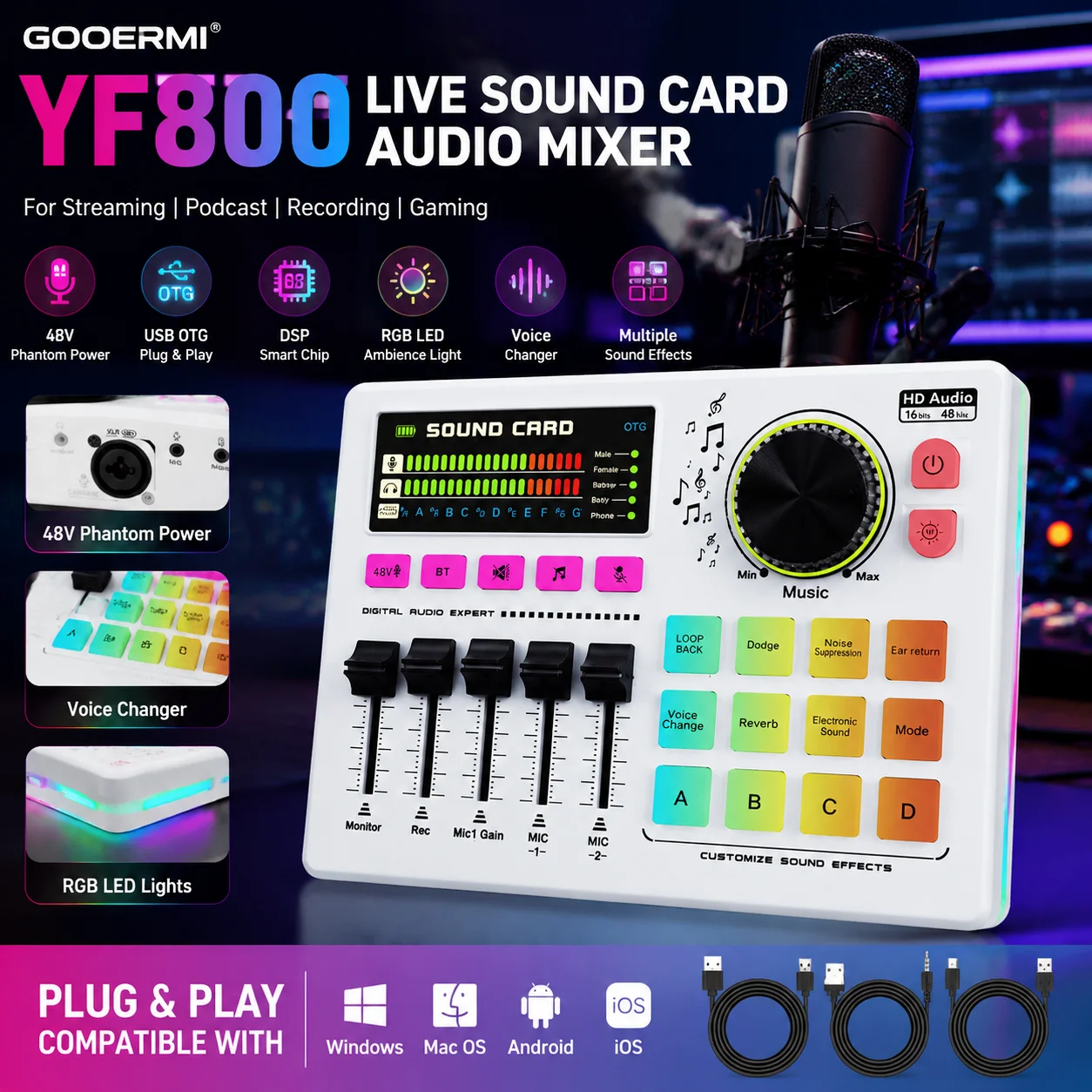 gooermi-yf800-live-sound-card-audio-mixer-48v-phantom-power-voice-changer-rgb-led-usb-otg-sound-effects-for-streaming-podcast