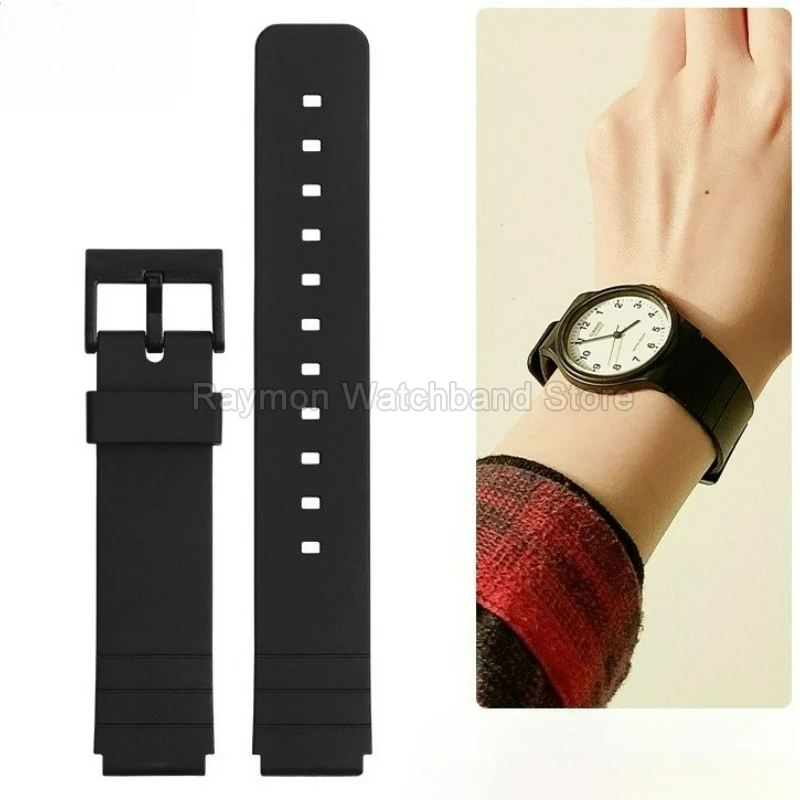 Hypoallergenic Resin Watch Bracelet for Casio MQ-58 MQ-104 MQ-98 16mm Black Convex Interface Solid Steel Needle Buckle Watchband