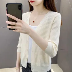 Women Clothing Fashion Solid Single Breasted Long Sleeve Cardigan Summer Casual Loose Thin V-neck Sunscreen Shirt Top 40-90Kg