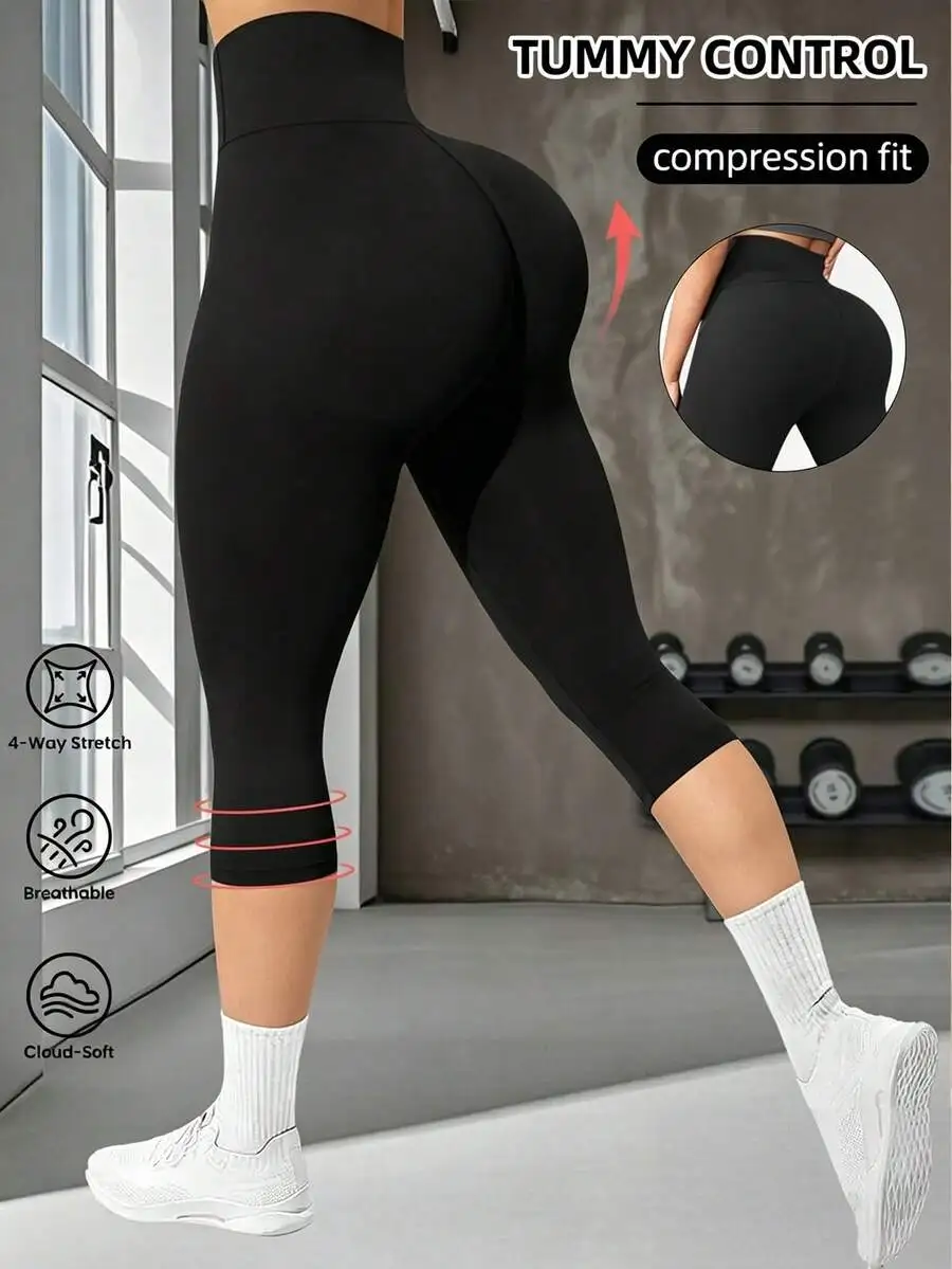 Damen 7/8-Länge Kompressions-Capri-Leggings mit hoher Taille, Bauchkontrolle und Hüftlifting-Design für Yoga, Fitness, Laufen und Radfahren – Detail 5