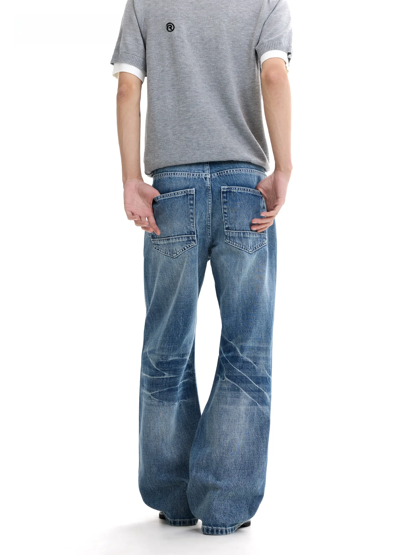 SDMADE American Style Retro Ice Crack Blue Jeans Men Women Loose Straight Leg Micro Flare Long Trousers Spring Cotton Denim