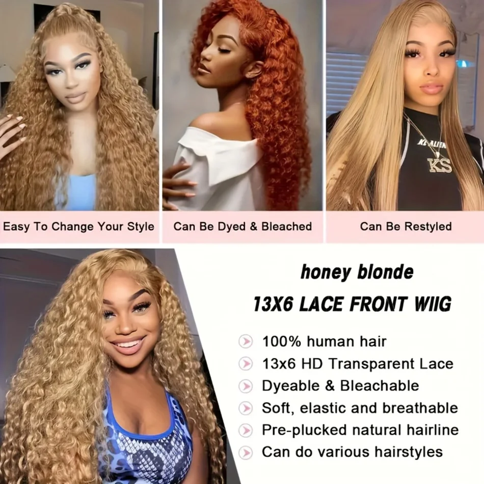 Deep Wave Honey Blonde Human Hair Wig #27 Curly HD Transparent Lace Front Wigs For Women Pre Plucked Wigs 200% Density 30 Inch image 4
