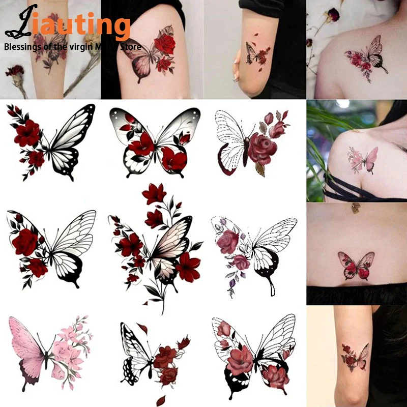 9/10 Sheets Butterfly Rose Waterproof Temporary Tattoo Stickers Arm Ankle Female Fake Tattoo Collarbone Flower Art Tattoo