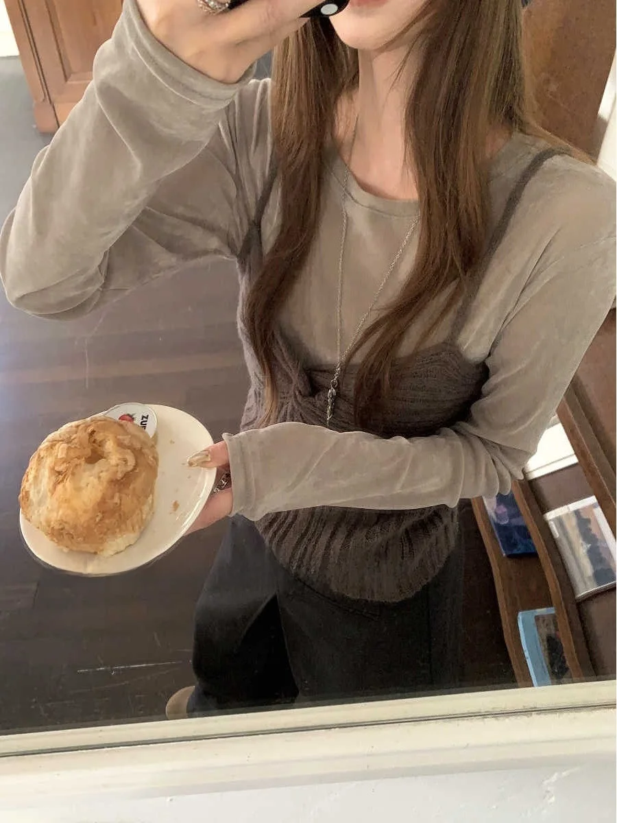 

Корейский вязаный комплект с длинными рукавами для женщин: повседневный базовый топ в холодных тонах, удобный, дышащий, для весны