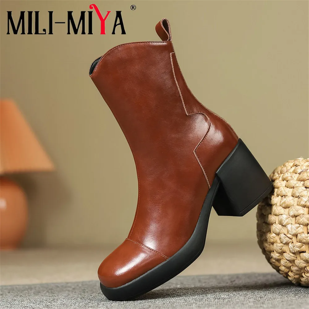 MILI-MIYA New Arrival Women Cow Leather Ankle Boots Thick Heels Round Toe Zippers Solid Color Size 34-40 Handmade For Ladies