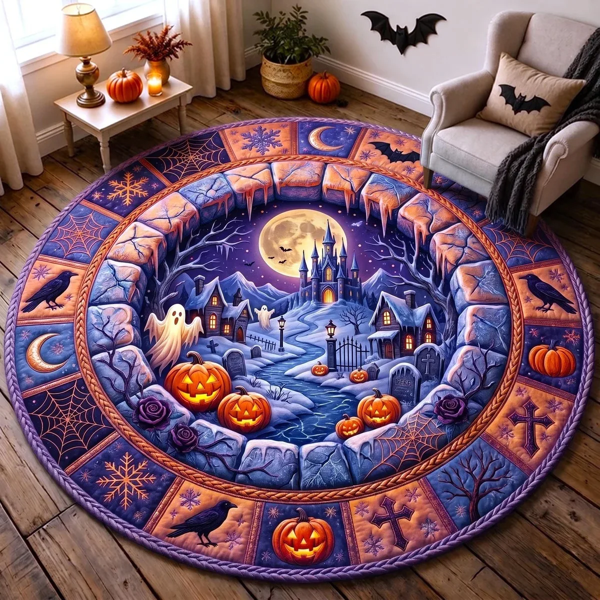 Area Rug - พรมกลมลาย 3D บ้านตุ๊กตาผีฮาโลวีน พรมวงกลมกันลื่นสำหรับโซฟาห้องนั่งเล่น ตกแต่งสไตล์โกธิค