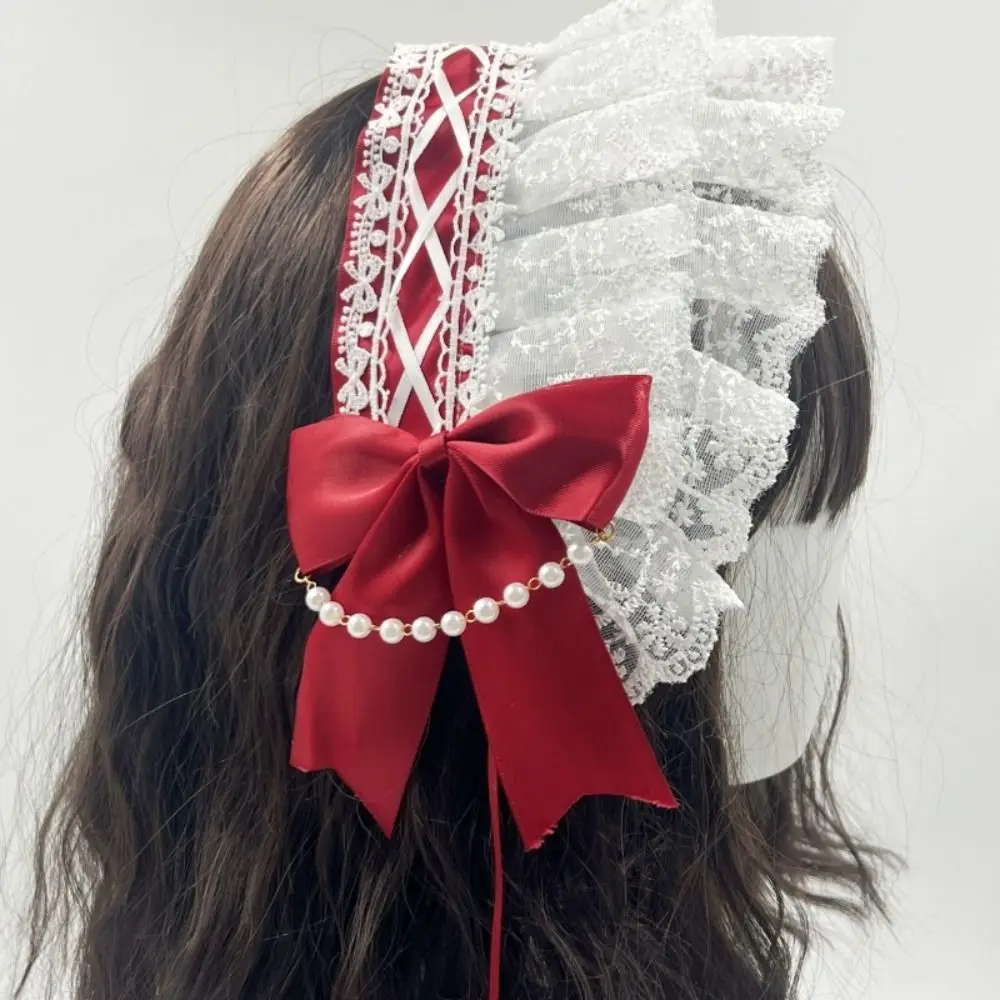 

Cute Sweet Lolita Lace Headband Pearl Ribbon Bow Ruffled Hairband Hair Accessories JK Lolita Hair Clip Masquerade Headpiece