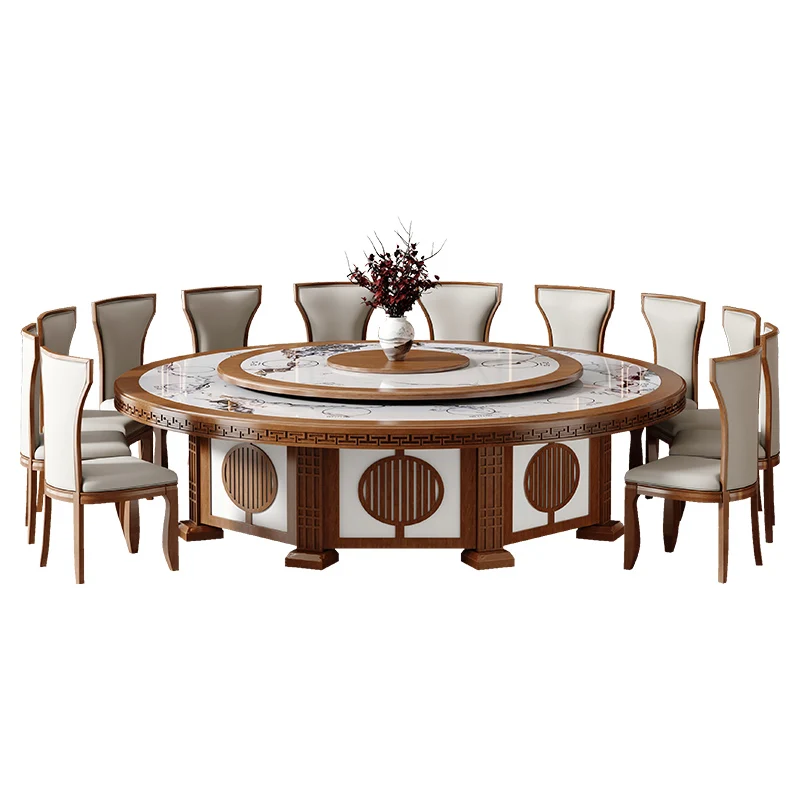 

Hotel new Chinese-style solid wood dining table electric rock slab large round table with hidden induction cooker marble hot pot