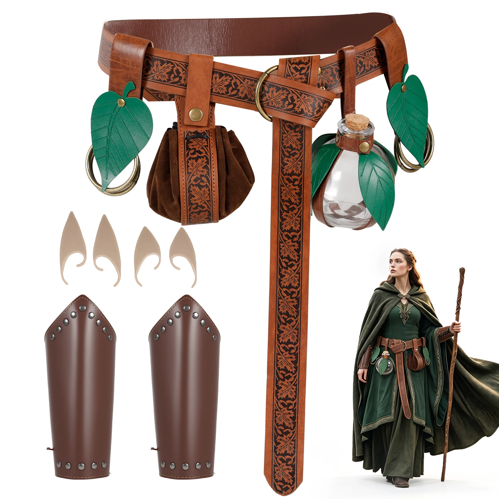 Brown Faux Leather Medieval Belt And Money Pouch Women Skirt Hike Clip For Renaissance Belt Cosplay Costumes Accessories
