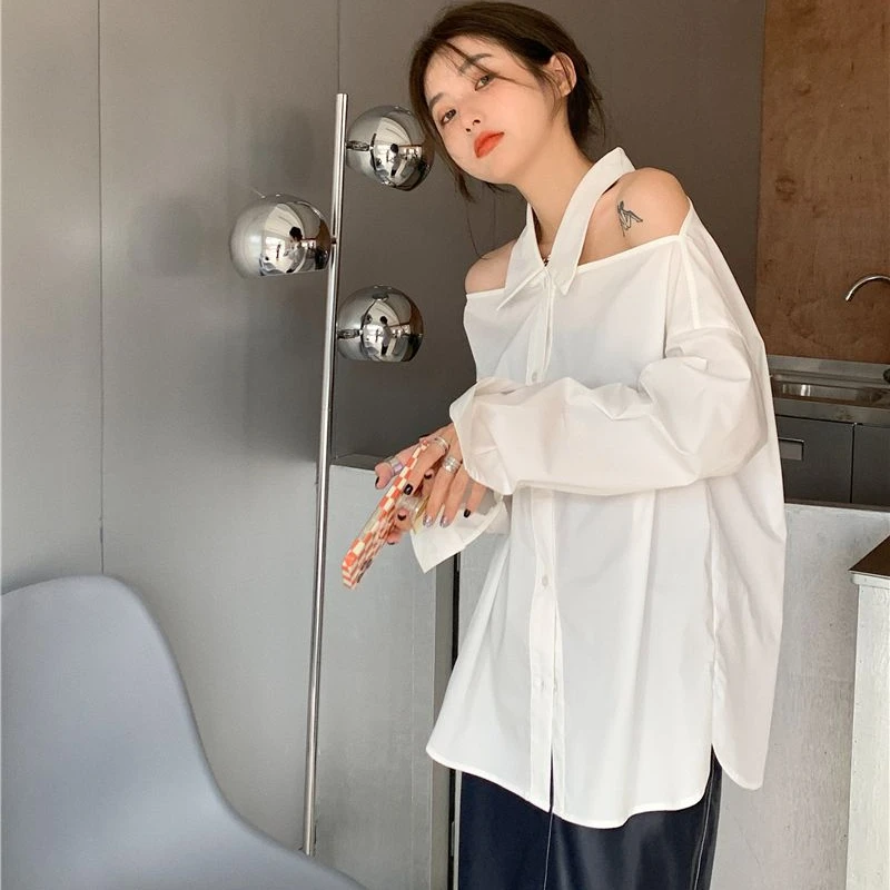 White Shirts Women Off-shoulder Long Sleeve Halter Korean Fashion Designed Y2k Tops Camisas Loose All-match Elegant Blusas Mujer