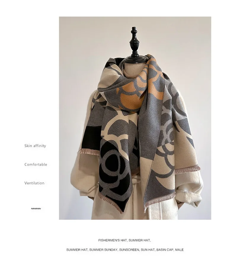 Versatile autumn and winter color blocking design, imitation cashmere scarf dual-purpose, extended and warm imitation wool shawl