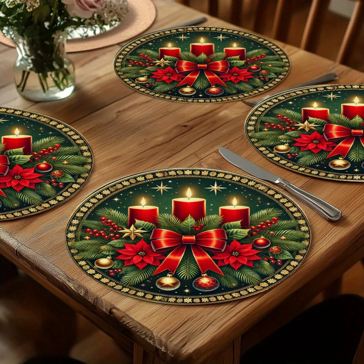 VIKAMA Round Green Candle Holly Dark Placemats, Non Slip Heat Resistant Circular Xmas Holiday Dinner Table Mats Decor