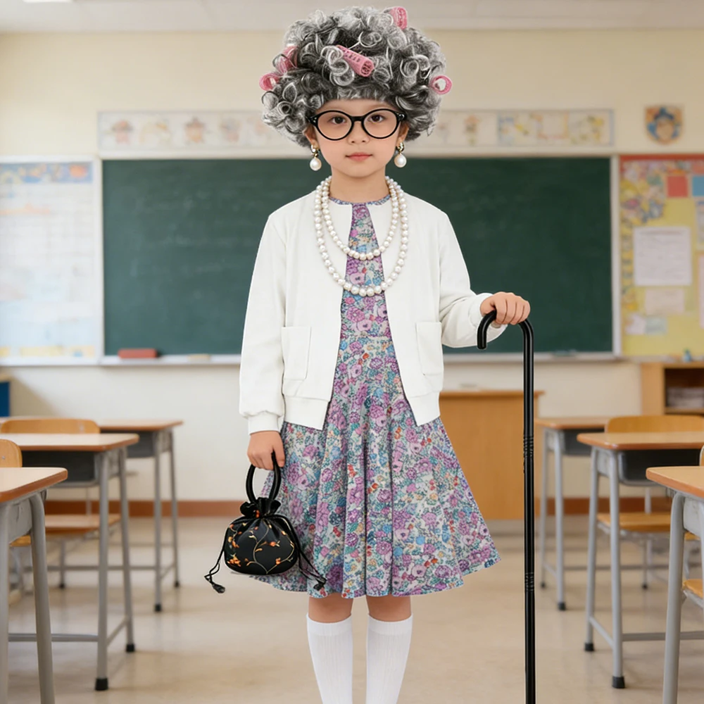 100 Days of School Cosplay Set for Girls Flower Dress Old Lady Role-play Costume With Accessories Children Perform Granny Outfit
