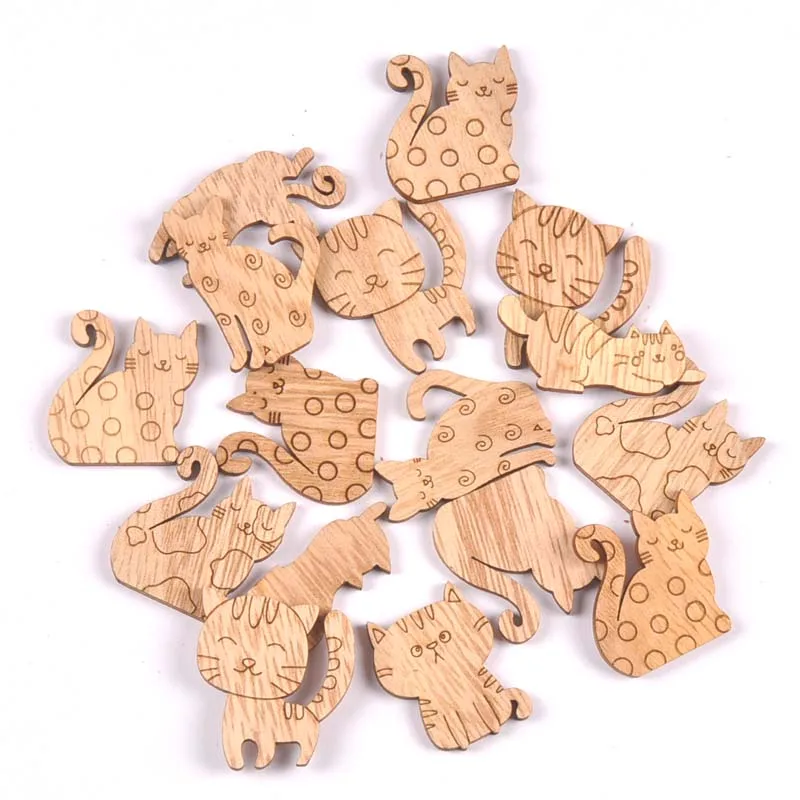 25pcs 2.5-3.5cm Cat Pattern Natural Wooden Chips Scrapbooking Carft for Home Decoration Diy Embellishments cp3423