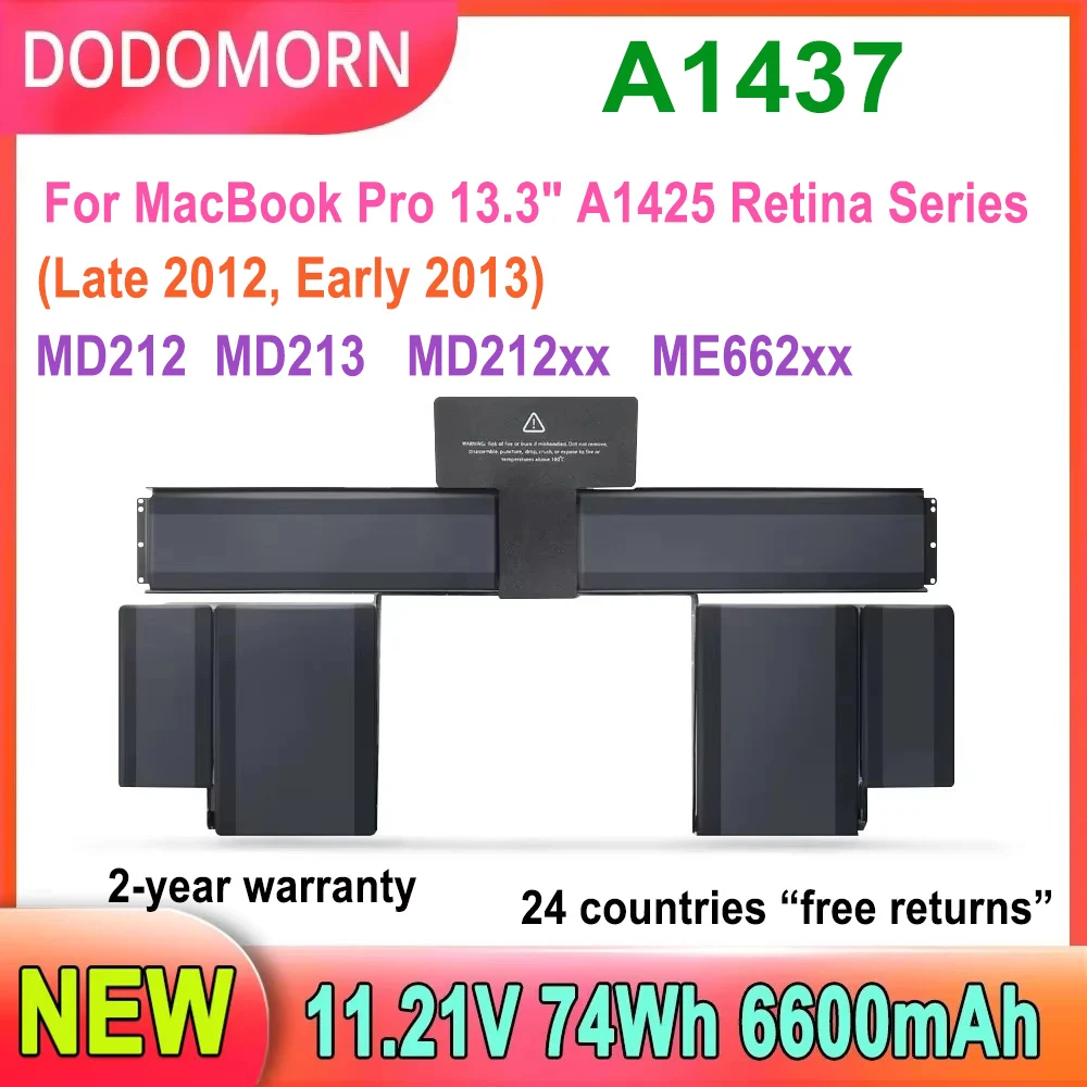 DODOMORN A1437 Аккумулятор для ноутбука MacBook Pro 13,3 дюйма A1425 Retina Series (конец 2012, начало 2013) 6600 мАч 74 Втч 11,21 В Высокое качество DODOMORN A1437 Аккумулятор для ноутбука MacBook Pro 13,3 дюйма A1425 Retina Series (конец 2012, начало 2013) 6600 мАч 74 Втч 11,21 В Высокое качество
