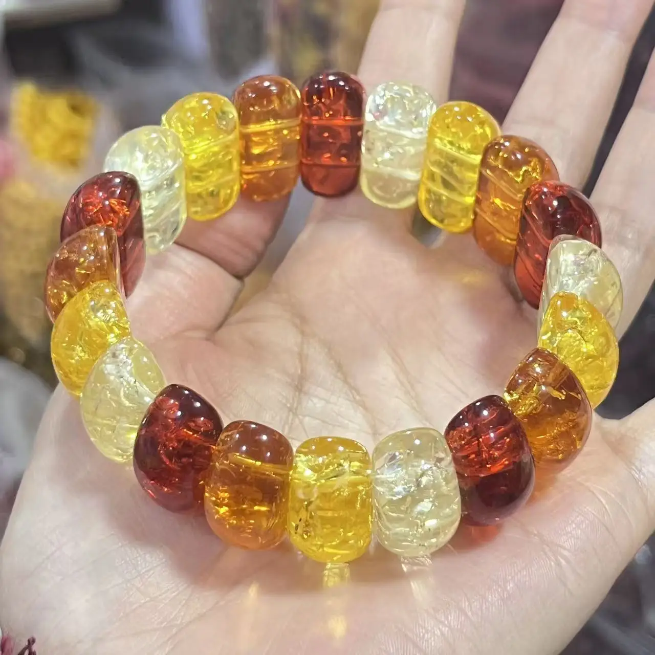 Natural Baltic Amber Flower Wide Bracelet Men Women Healing Jewelry Gemstone Bangle Floral Ambers Elastic Lucky Amulet Bracelets
