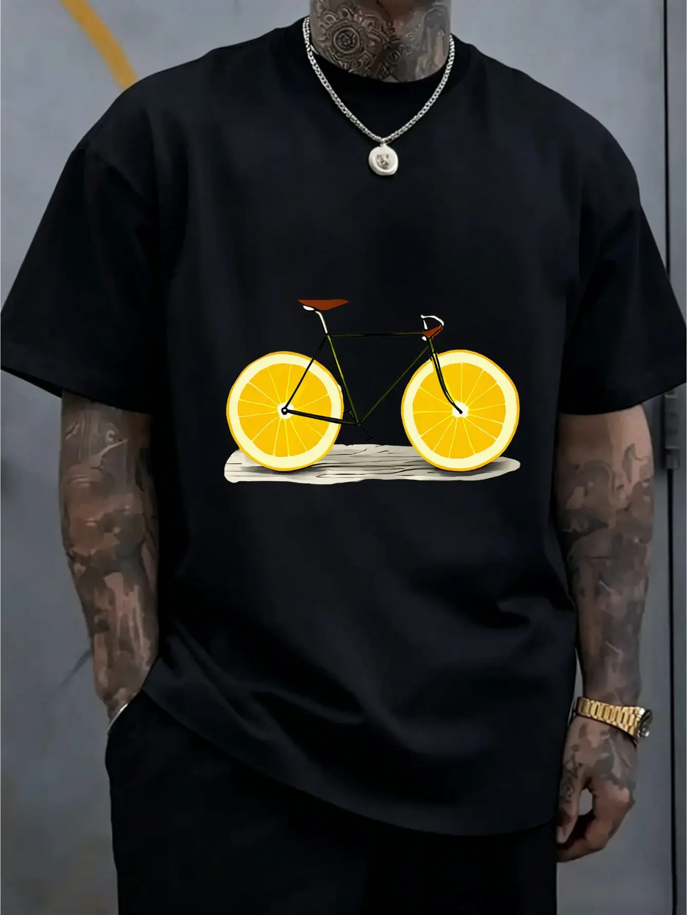 Men Artistic Lemon Wheel Bike Print Tee Soft Cotton Loose Short Sleeve Minimalist Casual Top Male Summer Daily Street Outfit