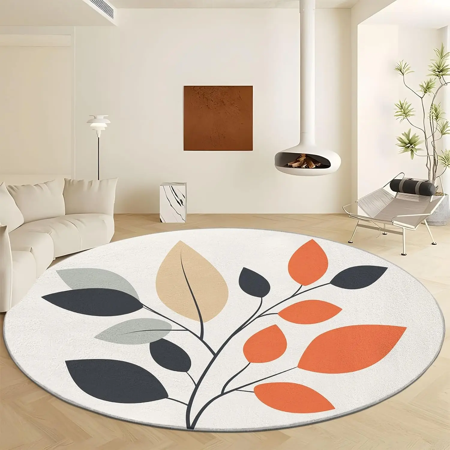 Boho Round Leaf Pattern Area Rug Botanical Design Plush Carpet for Nursery Kids Room Modern Minimalist Living Room Home Decor Fl