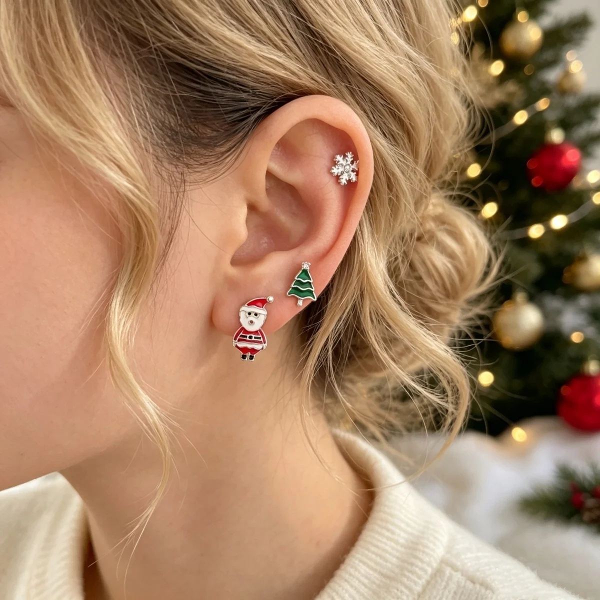 12/20 Paar kleine Ohrstecker mit Weihnachtsmotiven wie Weihnachtsbaum, Hirsch, Schneeflocke, Weihnachtsmann, Schneemann, Lebkuchenmann, Pinguin für Damen, Schmuck. – Detail 7