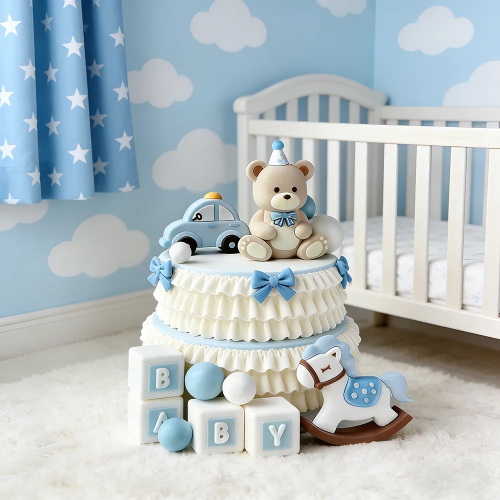 Baby Building Blocks Car Trojan Horse Blue Pink Bear Cake Toppers For Boy Girl Baby Shower Birthday Party Cake Decor Set view 2