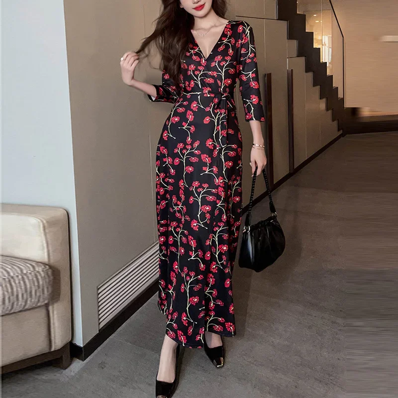 

One Piece vestidos Women's 2023 3/4 Long Sleeve Floral Printed Wrap Dress V Neck Short Sleeve Split Beach Party Maxi Dresses