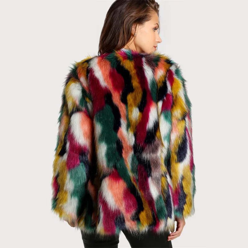 Jacket Colorful Fur Imitation Fur Jacket Short Long Sleeve Collarless Casual Women's Winter Fur Coat Fashion