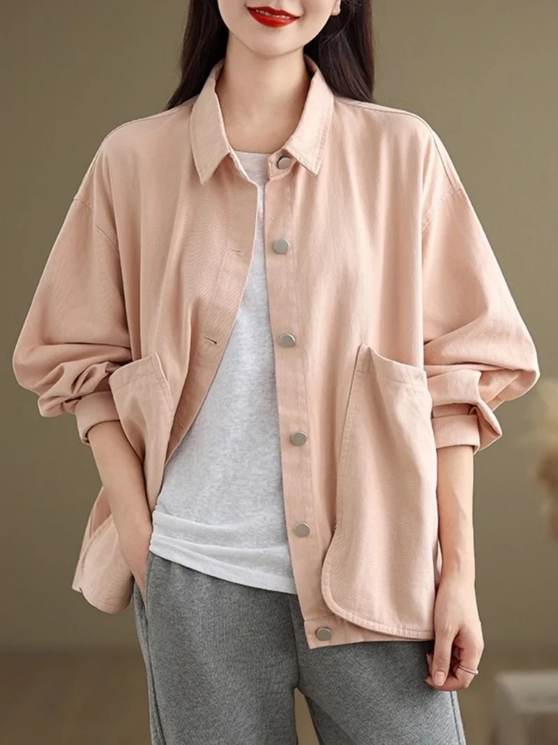 Leisure Workwear Jacket For Women Spring And Autumn 2025 New Loose Fit Big Size Design Retro Large Pocket Cotton Top w565