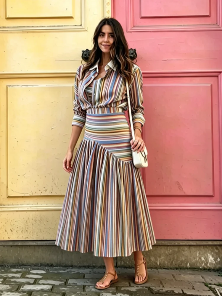 Casual Stripe Top Skirt Suit Women Loose Full Sleeve Lapel Shirt Closed Waist Pleated Skirts Set 2026 Summer Autumn Lady New