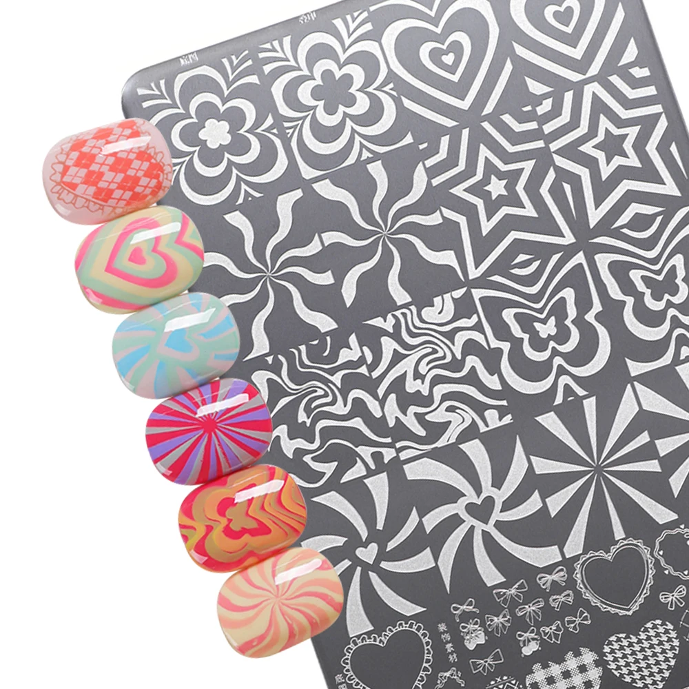 14.5*9.5 cm DIY Nail Template with Stripes Heart Patterns Nail Art Stamping Plate Fantasy Overlay Manicure Stamper Tool for Home