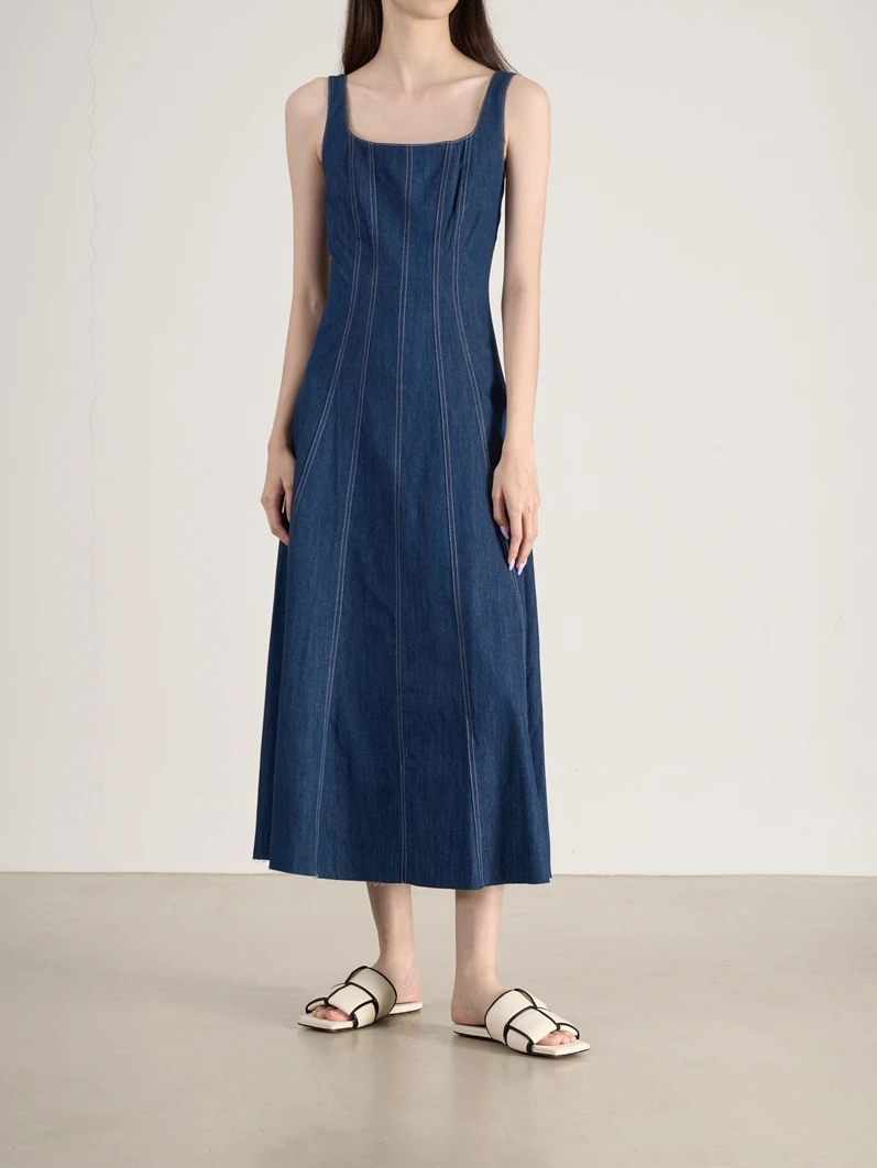 

LANVIVIER Casual Contrast Color Slim Fit Square Collar Strap A-Line Maxi Cotton Denim Dr Spring Summer Autumn Women's Faion
