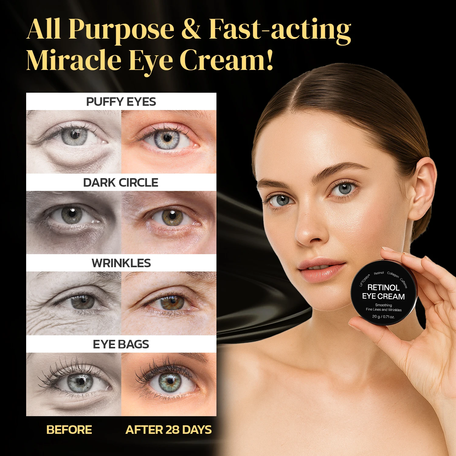 しわ対策レチノールアイクリーム、肌を引き締め、エイジングケアで小じわ、クマ、むくみを軽減、0.71オンス