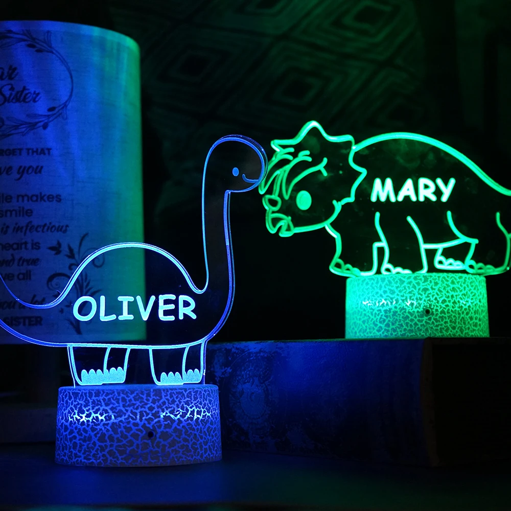 Imagem -02 - Personalizado Acrílico Dinosaur Night Light para Crianças Presente de Aniversário Perfeito para Meninas e Meninos Nome Personalizado Led Artesanal Decoração do Quarto