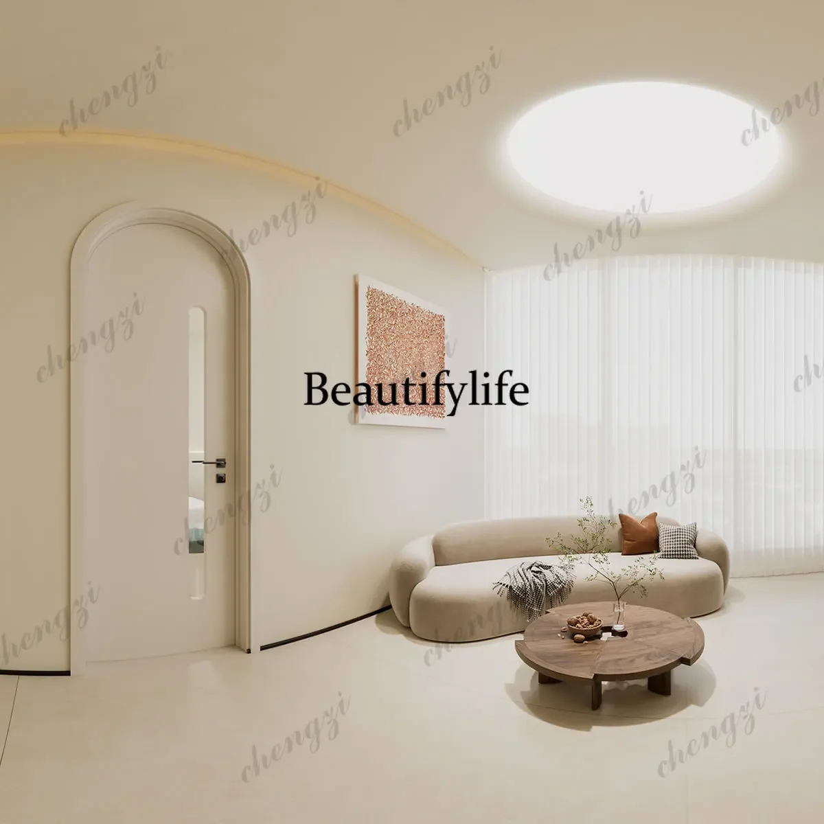 TTT Customization Modern Single Arched Solid Wood Door, Creamy Vintage French-style Door For Villas, Apartments, And Hotel Inter