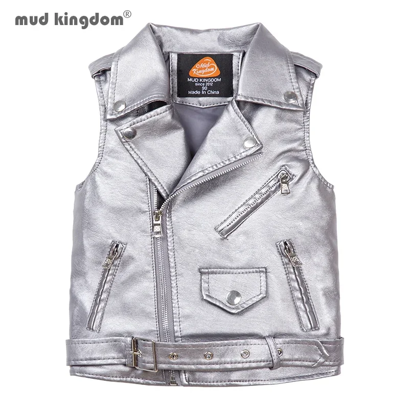 Mudkingdom Boys Girls Classic Faux Leather Vest Jacket for Kids PU Jackets Sleeveless Full Zip Up Pocket Plain Child Outerwear