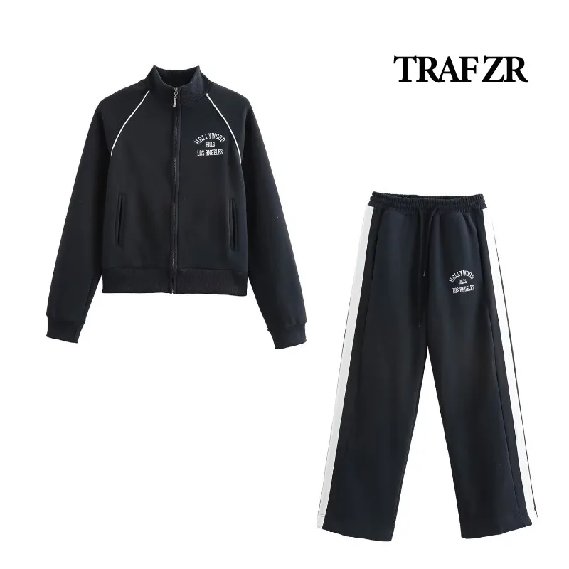 TRAF ZR Pants Set Woman Two Pieces Casual Elegant Autumn Woman Sets Letter Printing Long Sleeve Jacket Set Sweat Suit Sets