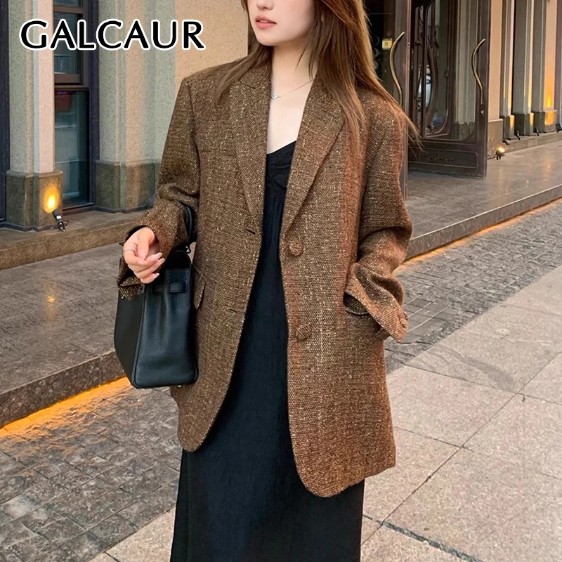 

GALCAUR Office Blazer Women Notched Collar Long Sleeve Patchwork Pockets Button Design Temperament Wool Coats Female Autumn New