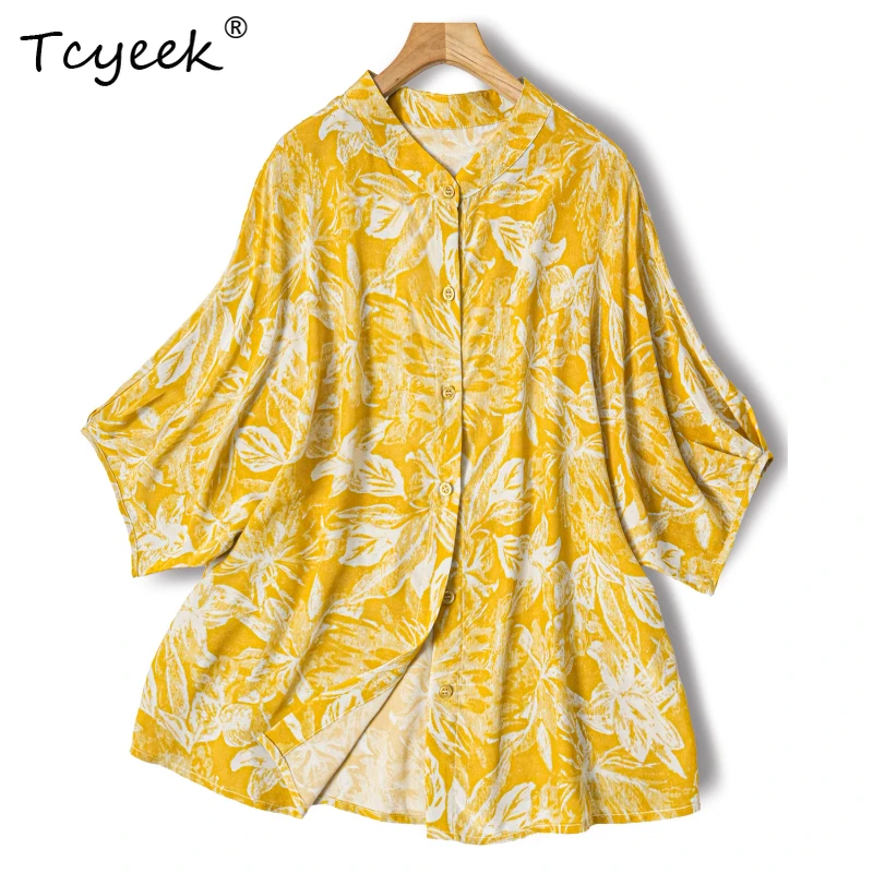 

Tcyeek 16mm 100% Mulberry Silk Summer Round Neck Floral Five Point Batball Sleeve Medium Length Women's Shirts חולצותנשים 여름옷