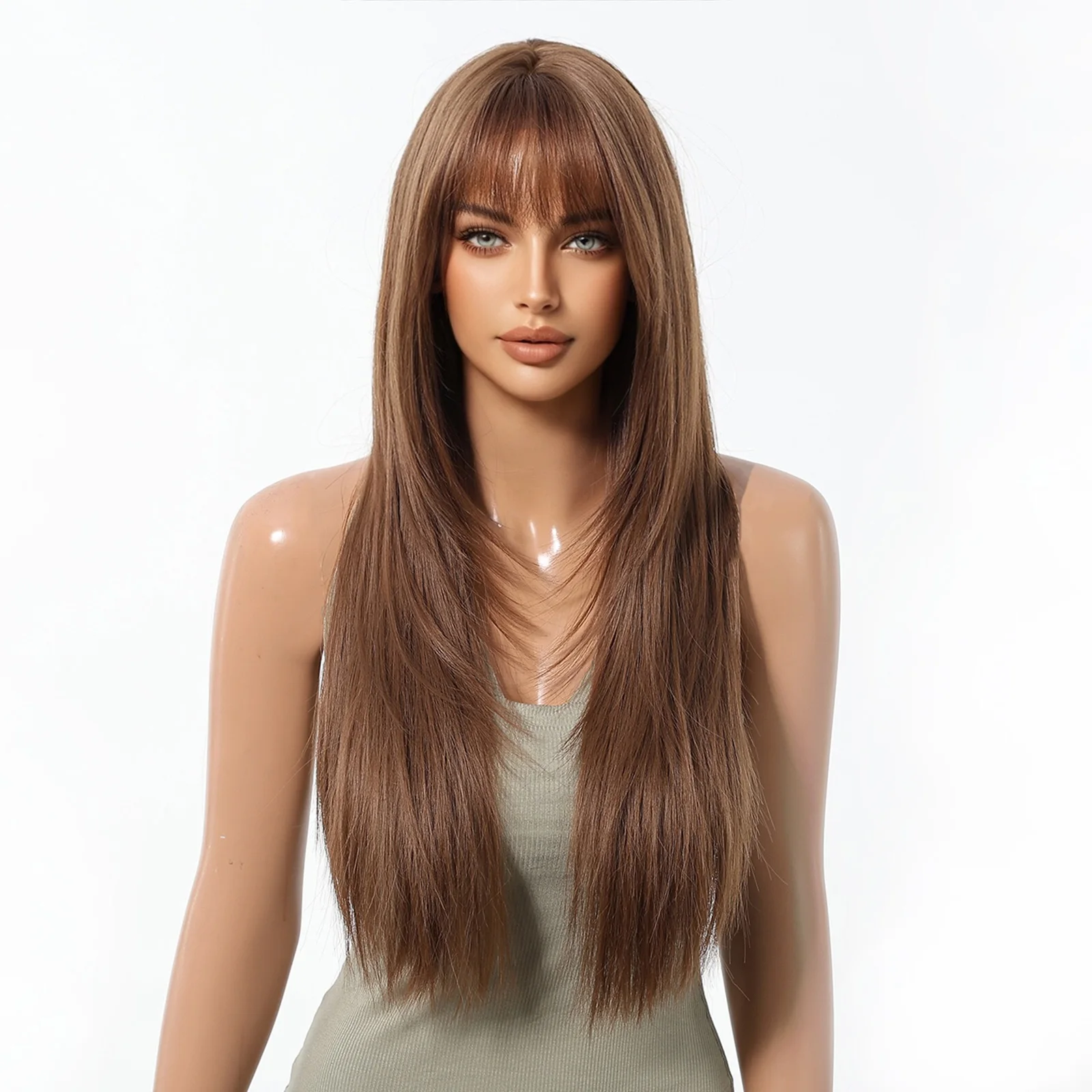 Long Straight Light Brown Wig with Bangs for Women Natural Silky Smooth Synthetic Hair Heat Resistant High Density Daily Party